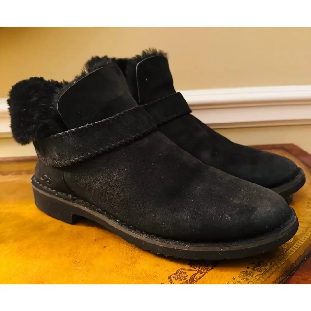 UGG Womens McKay Black 1012358 Suede Sheepskin Pull On Ankle Boots Booties Sz 10